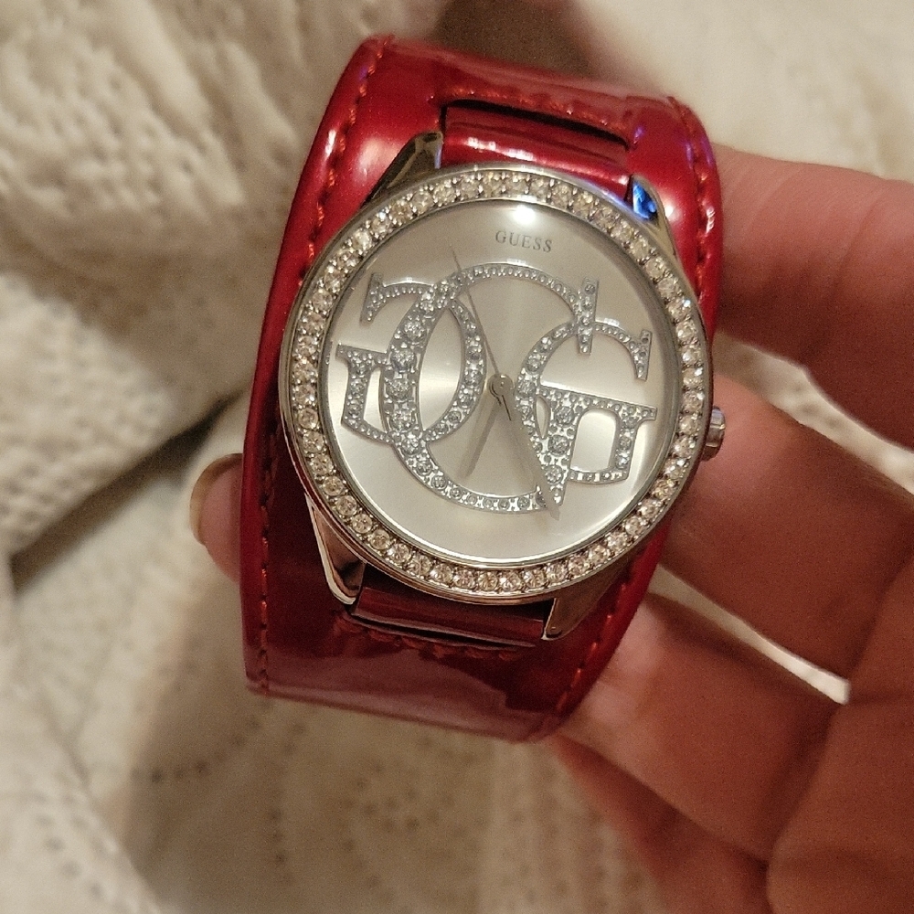 Guess Cuff Red Watch with Crystal Details EUC Bold Maximalist